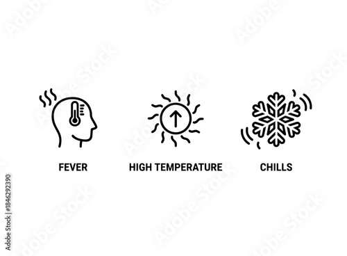 Fever High Temperature Chills Icon Set Minimal Bold Line