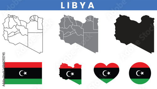 State of Libya Map and Flag Vector Set