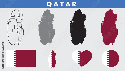 State of Qatar Map and Flag Vector Set with Municipalities Outline