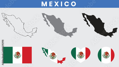United Mexican States Map and Flag Vector Set