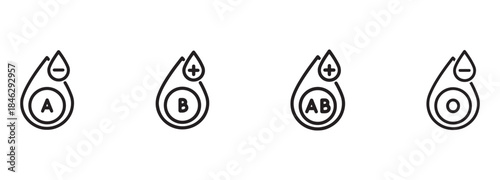 Blood Type Icon Set: A, B, AB, O Group Symbols with Rh Factor Line Icons