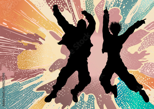 Urban hip hop dancers silhouettes jumping with raised arms on a pastel grunge splash background, energetic street dance illustration with dynamic motion