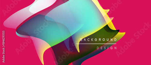 Abstract fluid shapes blend, vibrant colors dominate. Pink backdrop enhances dynamic design elements, text reads background design.