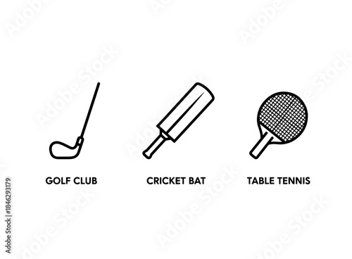 Golf Club Cricket Bat Table Tennis Icon Set Minimal Bold Line