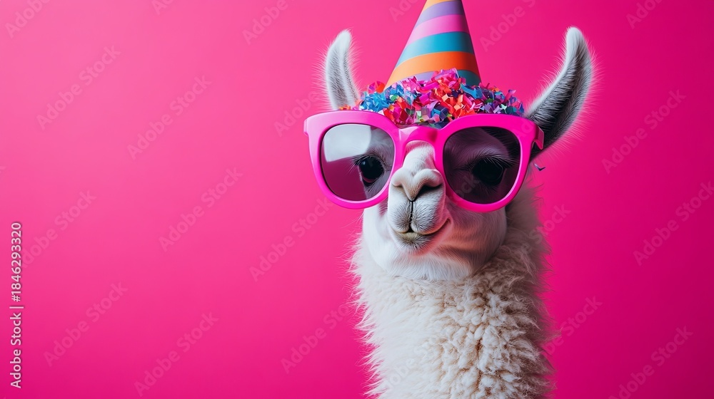 Fototapeta premium Cute llama with oversized pink sunglasses on a bright pink background, wearing a colorful party hat. .