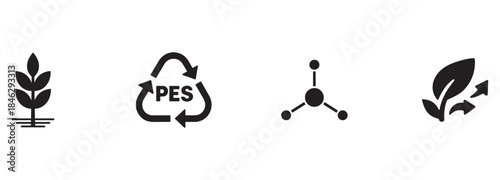 Sustainable and Ecological Icons Set: Plant, Recycling (PES), Molecule, and Bio Arrows