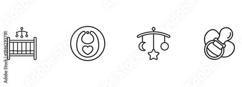 Baby Care Line Icons Set: Crib, Mobile, Bib, and Pacifier Symbols