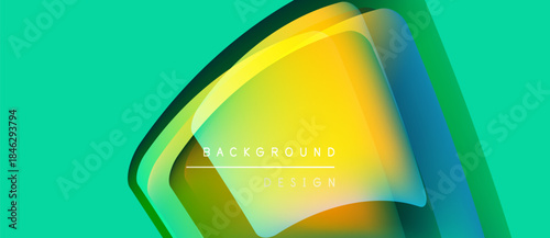 Abstract vibrant design features layered shapes, gradients. Turquoise, yellow, green hues create dynamic visual effect. Text reads background design.