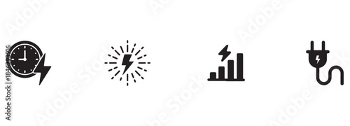 Black Icons for Electricity, Power, Charging Time, Signal Strength, and Plug