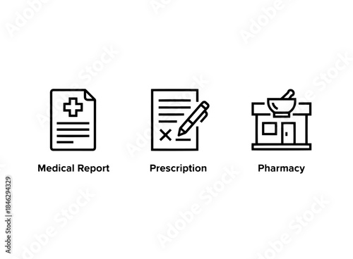 Medical Report Prescription Pharmacy Icon Set Minimal Bold Line