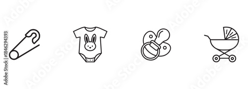 Baby accessories line icons set: safety pin, bunny onesie, pacifier, and stroller.