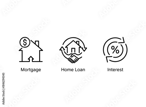 Mortgage Home Loan Interest Icon Set Minimal Bold Line