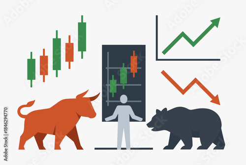 Financial market analysis with bull and bear symbols, candlestick charts, and trend graphs illustrating investment concepts.