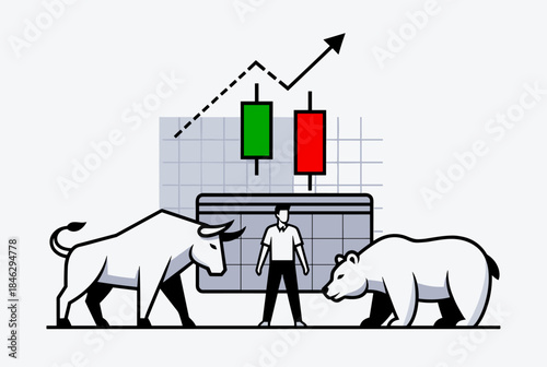 A person stands between a bull and a bear, symbolizing the stock market, with a financial chart showing an upward trend and candlesticks in the background.