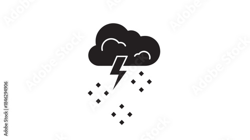 Black storm cloud with lightning and rain drops on transparent background silhouette