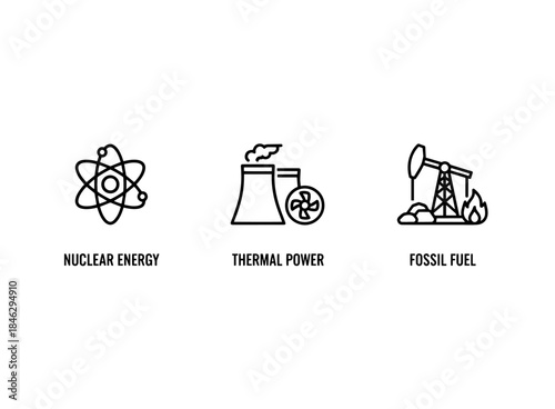 Nuclear Energy Thermal Power Fossil Fuel Icon Set Minimal Bold Line