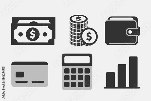 Set of financial and business icons including money, wallet, credit card, calculator, and bar chart.