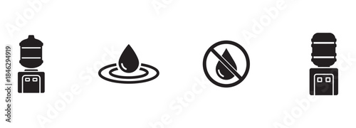 Set of Water Dispenser, Water Drop, and No Water Icons - Black Glyphs