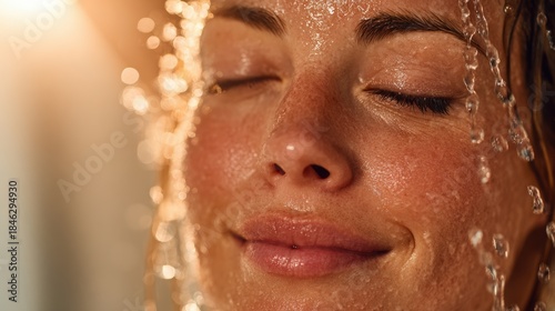 Wallpaper Mural Woman Enjoying a Shower with Water Flowing on Her Relaxed Face Torontodigital.ca