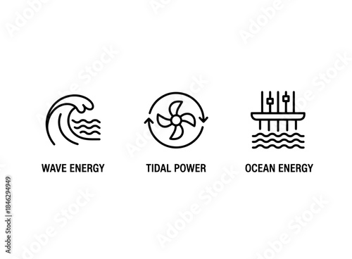 Ocean Energy Tidal Power Wave Energy Icon Set Minimal Bold Line