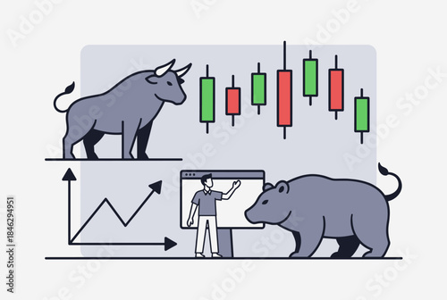An illustration depicting a bull and a bear symbolizing stock market trends, with candlestick charts, a rising line graph, and a person explaining financial data.