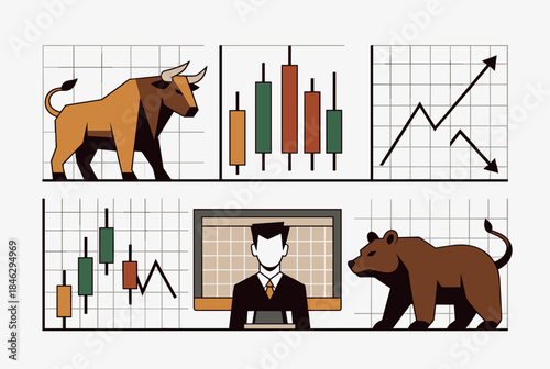 Illustration of stock market concepts with bull, bear, candlestick charts, and a trader, representing financial trends and investment.