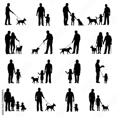 Silhouettes of People with Children and Dogs in Various Poses.