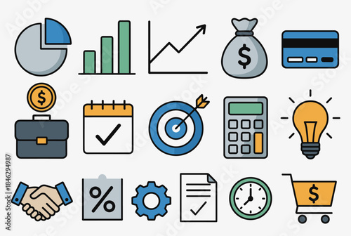 A collection of colorful business and finance icons representing various aspects of analytics, planning, and transactions.
