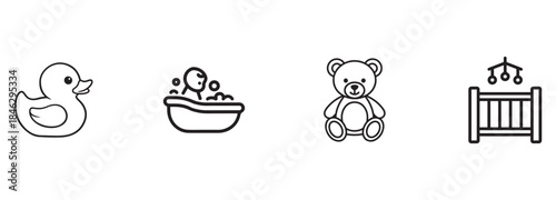 Simple Baby Items Line Icons: Rubber Duck, Bathtub, Teddy Bear, Crib.