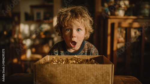 Wallpaper Mural Excited Boy Surprised by Gift Box with Golden Shredded Paper Torontodigital.ca