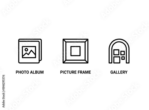 Photo Album Picture Frame Gallery Icon Set Minimal Bold Line