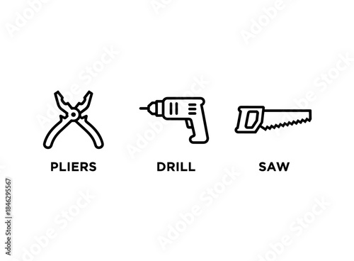 Pliers Drill Saw Minimal Bold Line Icon Set