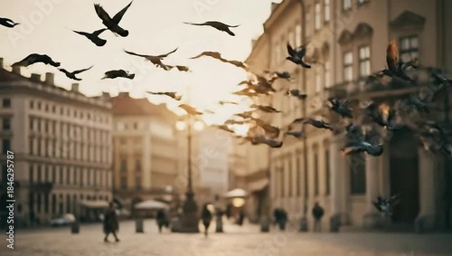 Flock of Pigeons Flying Over Cobblestone Street in European City.