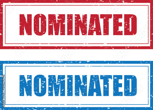 Two nominated approval stamps, one red and one blue, show grunge textures on a white background