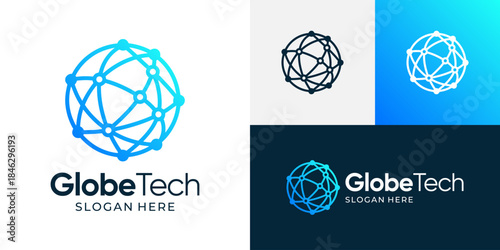 Global tech logo design illustration. Globe design with technology connection vector symbol inspiration