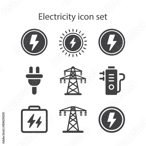 A powerful solid vector icon set for electricity, energy, power, charging, and electrical device themes, ideal for technology and utilities.