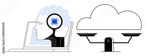 Artificial intelligence, machine learning, cloud computing, algorithm ethics, technology balance, decision-making. AI head in laptop next to cloud and scale. Artificial intelligence and cloud