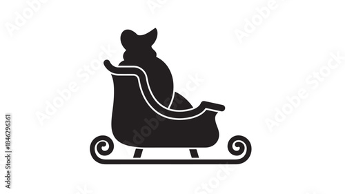 A black silhouette of a cat riding in a sleigh on transparent background