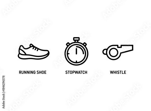 Running Shoe Stopwatch Whistle Minimal Bold Line Icon Set