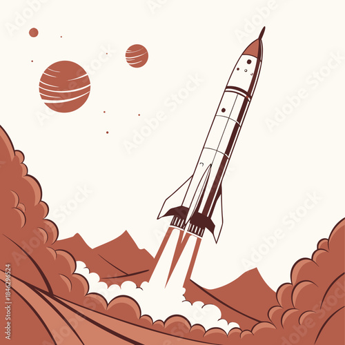 Mars explorer rocket hovering above dusty terrain space