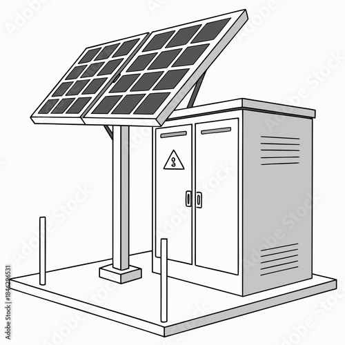 Solar panel on pole beside power management box electrical cabinet