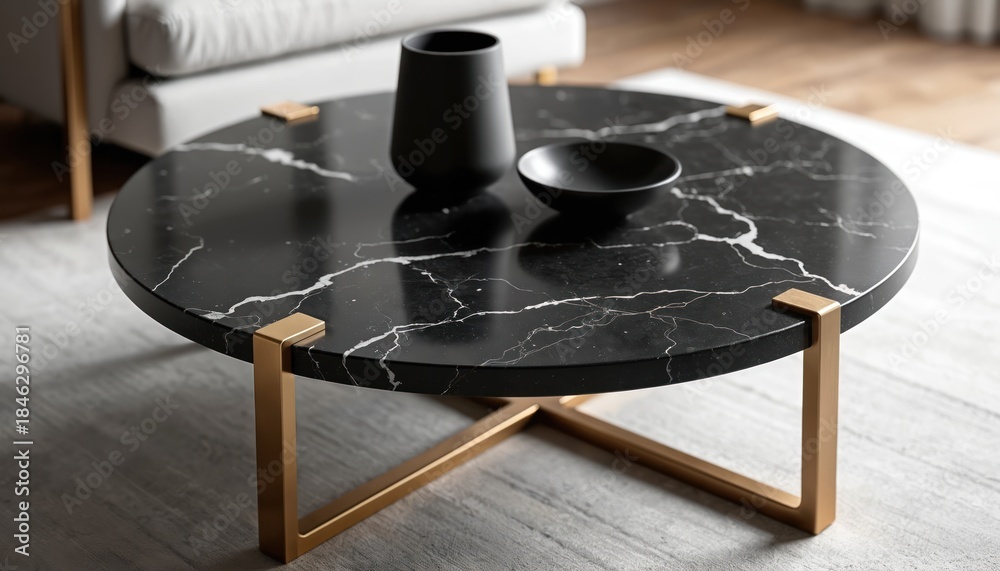 Obraz premium Modern round table with black marble top and gold frame. Minimalist design with geometric accents. Features a black vase and bowl, adding sophisticated decor to a living room interior.