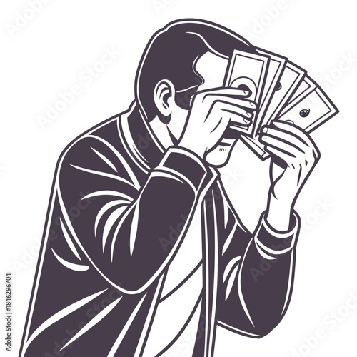 Man covering eyes with currency notes white background