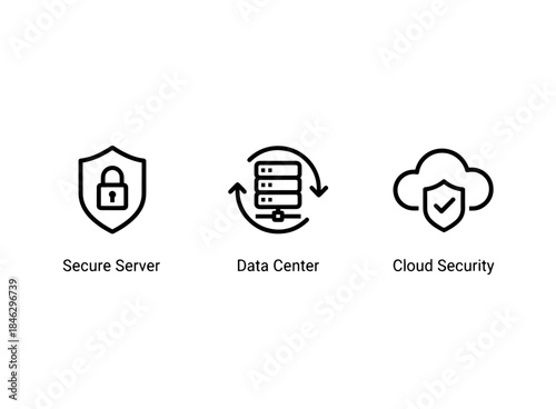 Secure Server Data Center Cloud Security Minimal Bold Line Icon Set