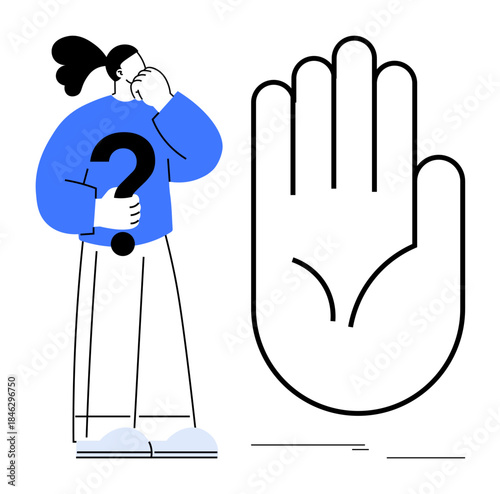 Person holding a question mark while pondering next to a large hand gesture symbolizing pause or stop. Ideal for decision-making, hesitation, doubt, caution, barriers, reflection, problem-solving