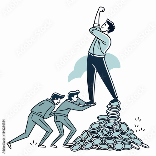 Man standing on coins with triumphant gesture while others struggle