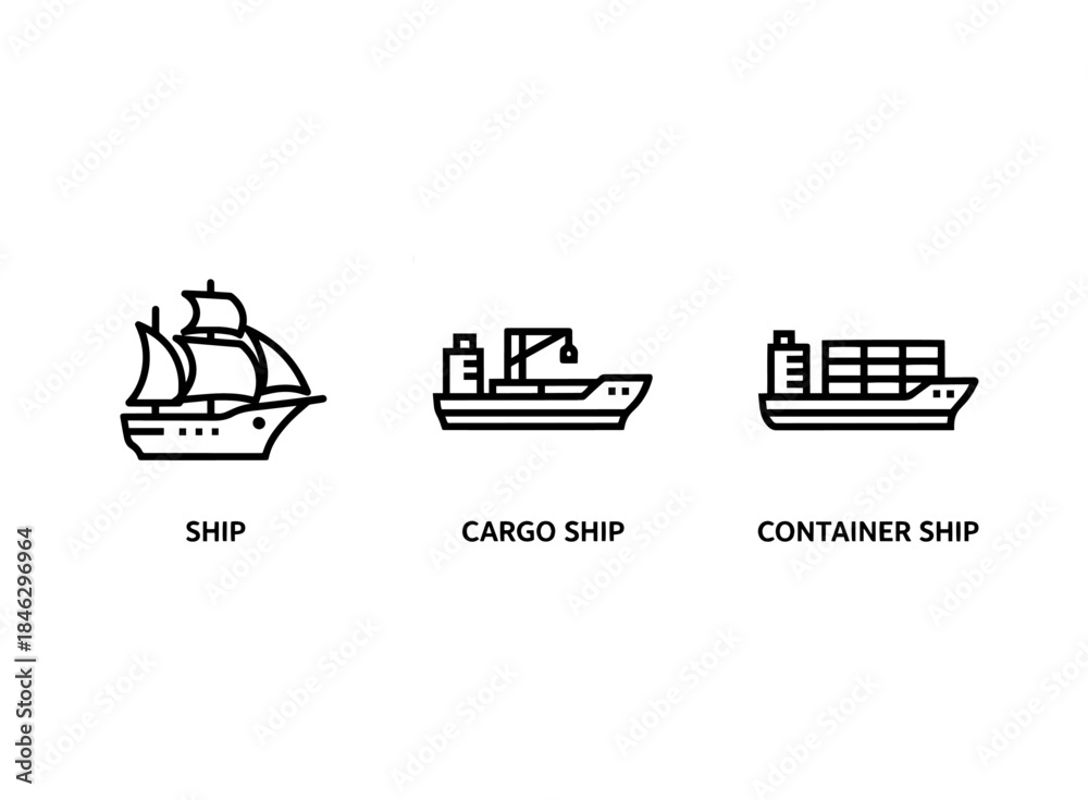 Naklejka premium Ship Cargo Ship Container Ship Minimal Bold Line Icon Set
