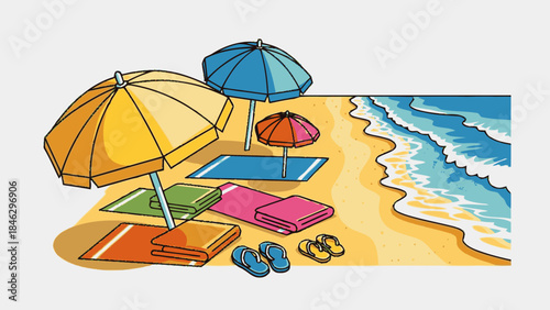 Beach Umbrellas and Towels on Sandy Shore.