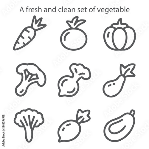 A charming line art vector icon set featuring fresh vegetables, healthy produce, and root crops, perfect for food and nutrition themes.
