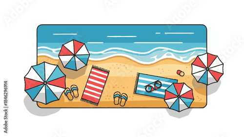 Beach Scene with Umbrellas and Loungers.